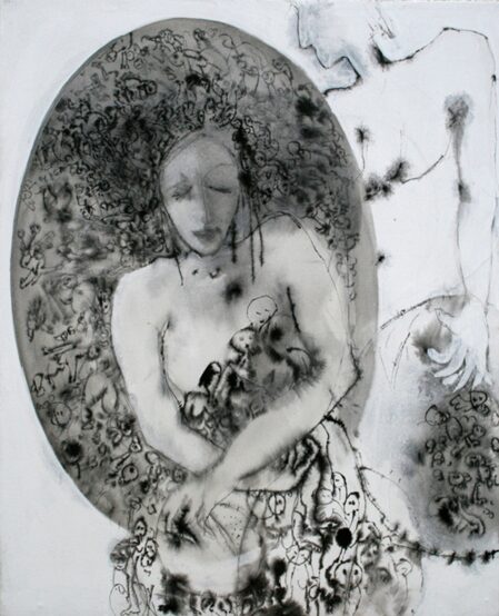 Wissem BEN HASSINE, Agora, Encre de Chine + Acrylique sur toile, 100 × 81 cm, 2010