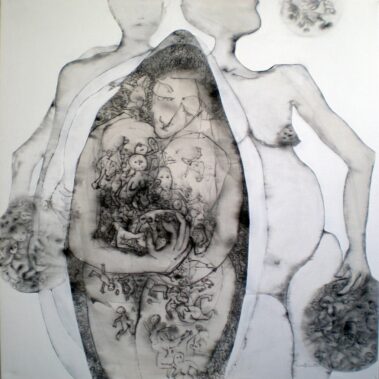 Wissem Ben Hassine, Encre de Chine + Acrylique sur toile, 100 × 100 cm, 2006