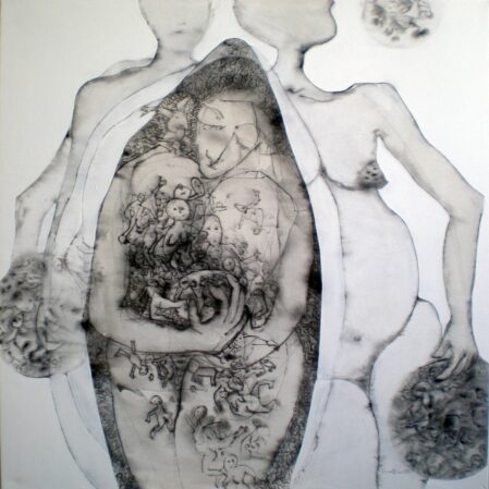 Wissem Ben Hassine, Encre de Chine + Acrylique sur toile, 100 × 100 cm, 2006