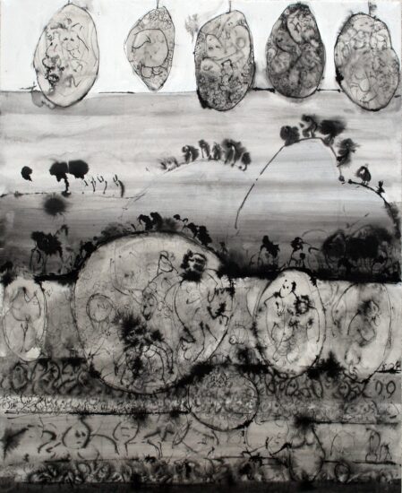 Naissance d'un horizon, Encre de Chine + Acrylique sur toile, 100 × 81 cm, 2006