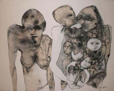 Wissem Ben Hassine, le baiser, Encre de Chine + acrylique sur toile, 81 × 65 cm, 2008